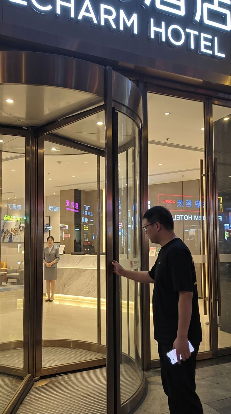 酒店旋转门前